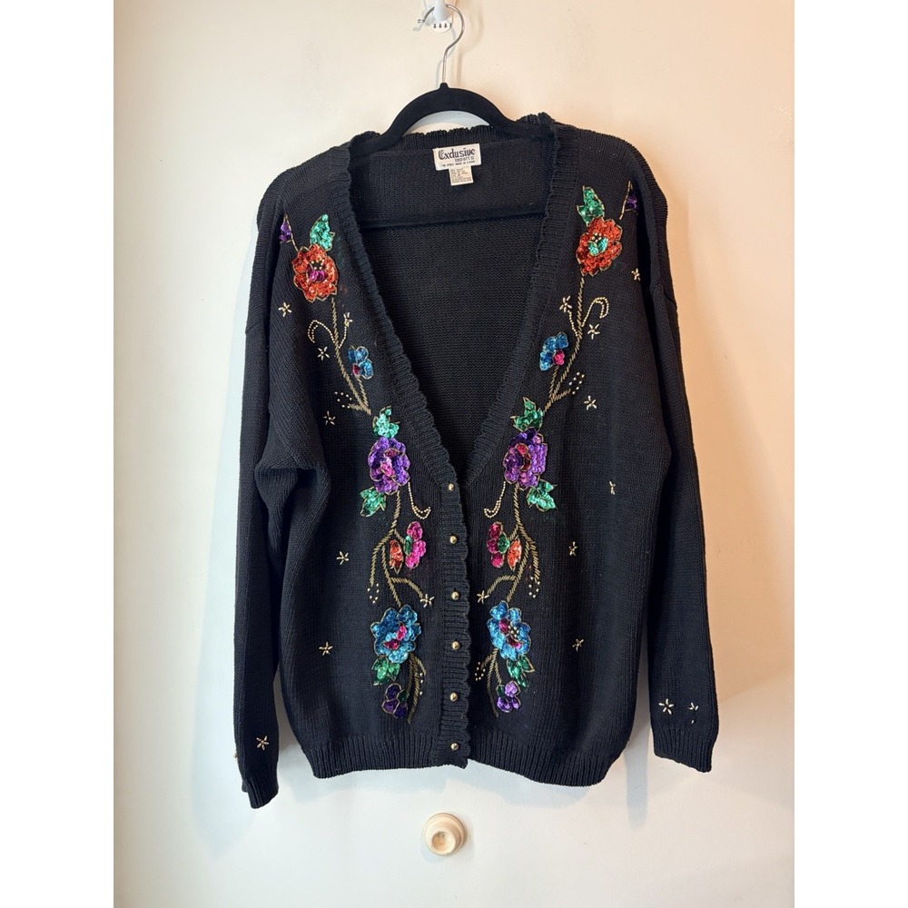 Vintage Exclusive Imports Sequins Embellished Cardigan‎ Sweater Medium Black
